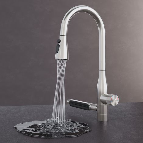 Mai & Mai Robinet Évier de Cuisine en Acier Inoxydable 304 Rotatif à 360° Eau Chaude et Froide Mélangeur Cinq Modes de Jet Bec Extractible Mitigeur Cuisine Argent Brossé 46,9 cm Turnix-03 (1/5)