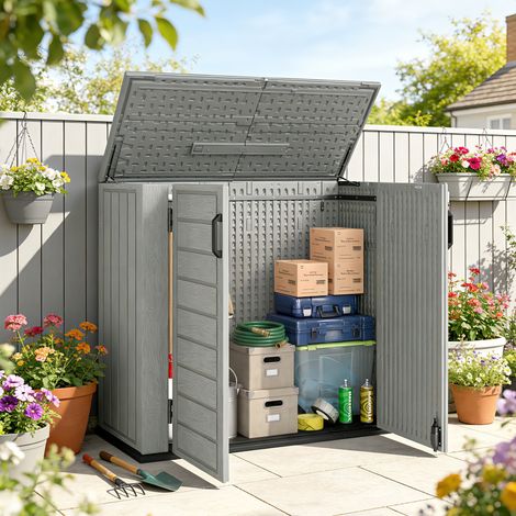Cobertizo de Jardín de HDPE 940L con Tapa Abatible 2 Puertas Cerradura Cobertizo de Jardín 142x67x119 cm Gris Claro (1/5)