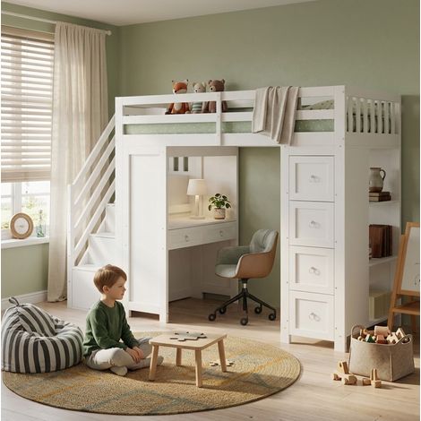 Cama alta infantil moderna 90x200 cm, madera maciza y MDF blanco, con escritorio, 6 cajones y estanterías (1/5)