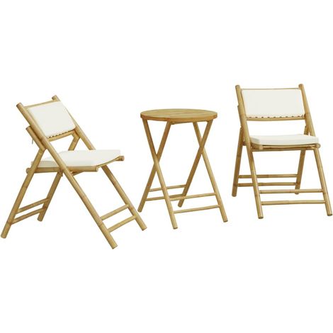 Ensemble de bistro pliante 3 pcs et coussins blanc crème bambou (1/5)