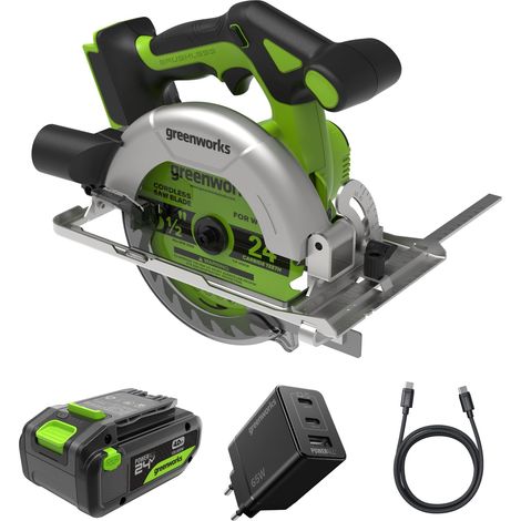 Scie circulaire sans fil 24 V sans balais 165 mm, 5 000 tr/min, lame de scie 20 mm, profondeur de coupe réglable 45°/90°, éclairage LED, avec batterie et chargeur (1/5)