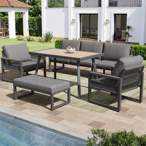 Ensemble de mobilier de jardin canapé d'extérieur 6-7 places - Salon de jardin pour balcon terrasse avec grande table à manger, coussins d'assise et dossier haute qualité résistant aux intempéries