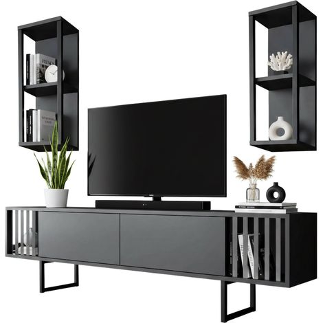 Dmora - Fernsehschrank Ananke, Ständer für Wohnzimmerfernseher, Niedriges Wohnzimmer-Sideboard, TV-Ständerbasis, 180x30h48 cm, Anthrazit und Schwarz, mit verstärkter Verpackung