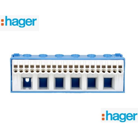 Hager – Bornier de neutre sans vis 20x4 mm² – 6x25 mm² – 63A – Connectivité automatique et à vis – Dimensions 105x34x33 mm