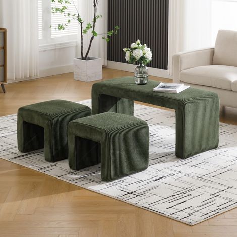 Wahson Fabric Bench with 2 Footstools, Upholstered Bed End Bench, Modern Accent Bench with Window Seat for Bedroom, Living Room, Hallway, Green