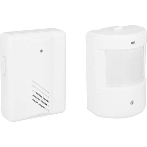 Campanello senza fili - Allarme con rilevatore di movimento - Benvenuto di sicurezza - Sensore a infrarossi IR - Portata 100 m - Bianco (1/5)