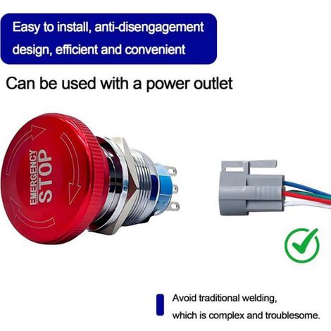 Bouton arrêt urgence inox 22mm 1NO 1NC 12-250V 3A, bouton start-stop métal avec prise de connexion (1/5)