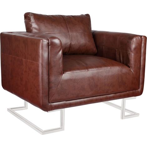 Fauteuil cube avec pieds chromés-Chaise de relaxation Marron Similicuir 107299 (1/5)