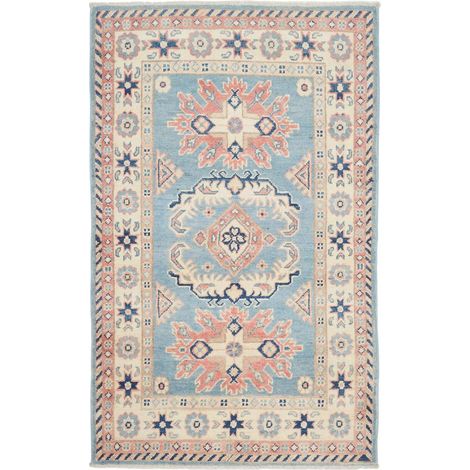 Tapis salon 79 x 130 cm, motif traditionnel, bleu, crème et rose, laine naturelle, fabriqué au Pakistan (1/5)
