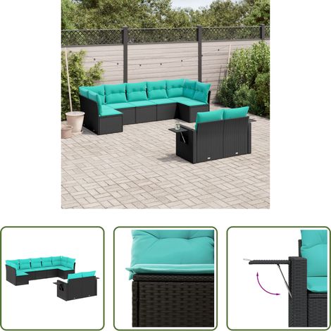 Gartenmöbel -  9-teiliges Gartensofa-Set mit Kissen, schwarzes Polyrattan (1/5)