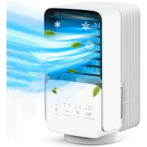Tonchean – Leise tragbare 4-in-1-Klimaanlage – Luftkühler, Ventilator, Luftbefeuchter – 700-ml-Tank, 3 Geschwindigkeitsstufen, 120°-Oszillation