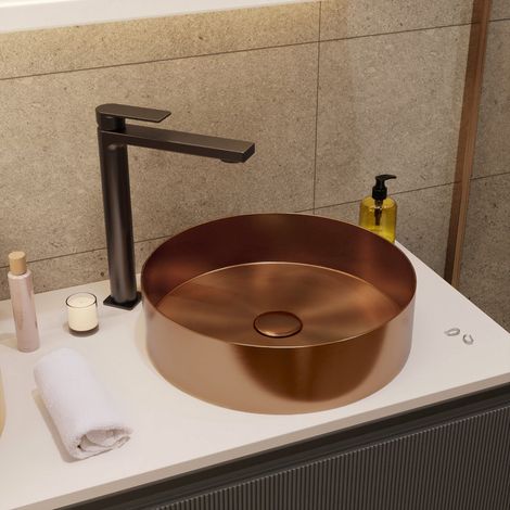 Ceramia – Vasque à poser en acier inoxydable rond 38 x 38 x 11 cm – Cuivre brossé – Sans trop-plein – Bonde incluse (1/5)