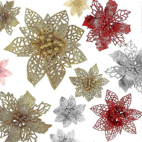 12 künstliche Weihnachtssternblumen mit Glitzer (1/5)