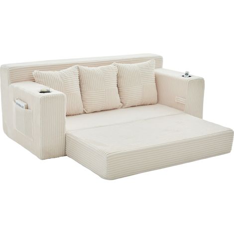 Sofá modular de 3 plazas de tela acanalada beige con posavasos y bolsillos laterales (1/5)