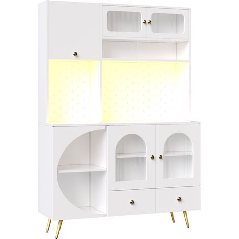 CAIziBuffet moderne avec éclairage LED, meuble de cuisine haut avec ports USB et prises, armoire haute pour cuisine et salon, meuble de rangement avec panneau perforé, tiroir et étagères en verre, bla (1/5)