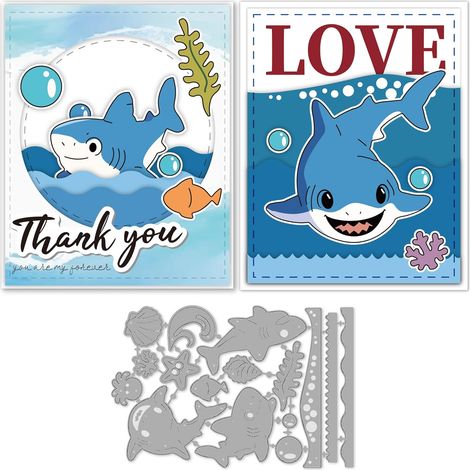 Lot de 16 matrices de découpe requin pour la fabrication de cartes, animaux marins, vagues de l'océan - Pochoirs en acier au carbone pour bricolage, scrapbooking, album photo (1/5)