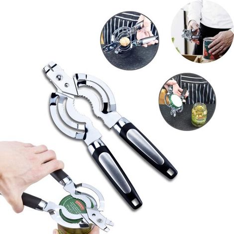 Ouvre-boîte et ouvre-bouteille en acier inoxydable. Ouvre-boîte compact et facile d'utilisation. Ouvre-boîte multifonctionnel (idéal pour les personnes à mobilité réduite des mains). (1/5)
