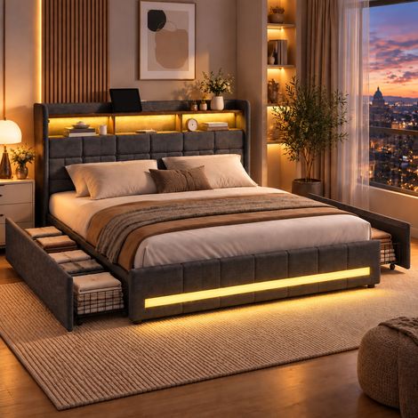Lit double 140x200cm avec 4 tiroirs de rangement, lit adult avec 2 USB et 1 Type-C, Tête de lit avec LED, lit 140x200, lin gris