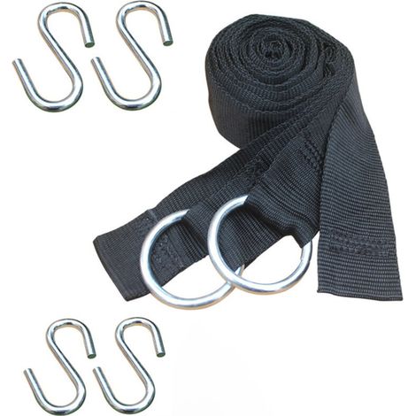 kit fixation hamac arbre incl 2 sangles en polyester résistants aux UV 2,5m long 5cm large et 4 crochets S en acier poids supporté 300kg (1/4)