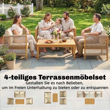 Gartenmöbelset, Lounge-Set aus Holz für 4 Personen, bestehend aus einem Zweisitzer-Sofa, 2 Sesseln, Tisch, Seilgeflecht, Lattenkonstruktion, waschbare Kissen. (1/5)