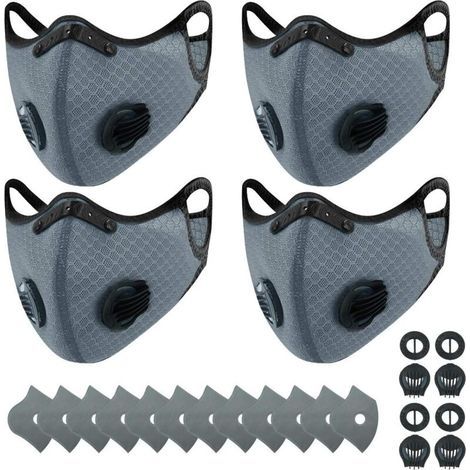 [JAMAIS UTILISÉ] 4 masques anti-poussière de sport + 12 filtres à charbon actif, réutilisables, travail du bois, tonte et course, cyclisme gris (1/4)