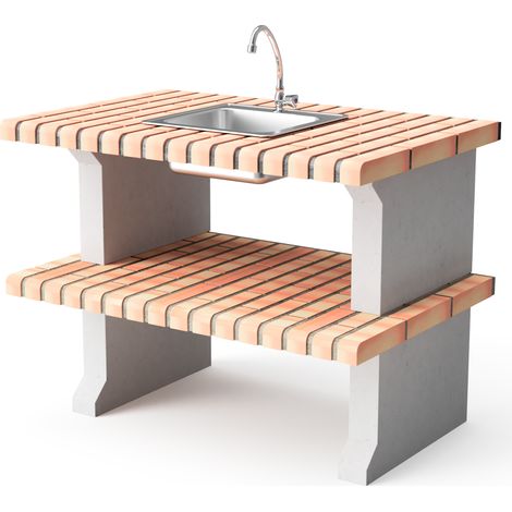 MOVELAR - Fregadero y grifo con pata de apoyo lateral Madeira Plus para Barbacoa de Obra Prefabricada (Gris, naranja - 110 x 70 x 70 cm) - Uso en Exteriores (1/2)
