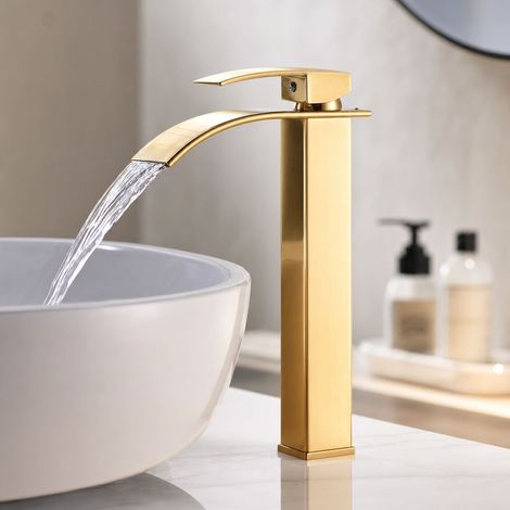 Robinet cascade lavabo salle de bain mitigeur eau chaude froide bec plat surélevé doré avec tuyaux d'arrivée (1/5)