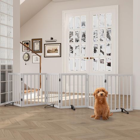 Barrière de Sécurité pour Chien en Bambou Clôture Chiot Pliable Évolutive 6 Panneaux avec Pieds de Support Blanc (1/5)