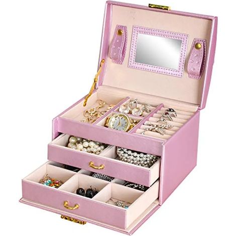 Caja de joyería con cerradura y asa con espejo Cajón doble Tres colores opcionales (1/4)