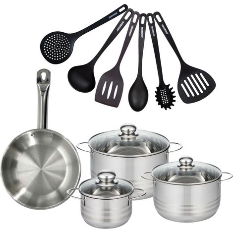 Set 1 poêle 24 cm en inox, 3 faitouts inox 16, 20 et 24 cm et 6 ustensiles RPET Fackelmann Eterna (1/5)