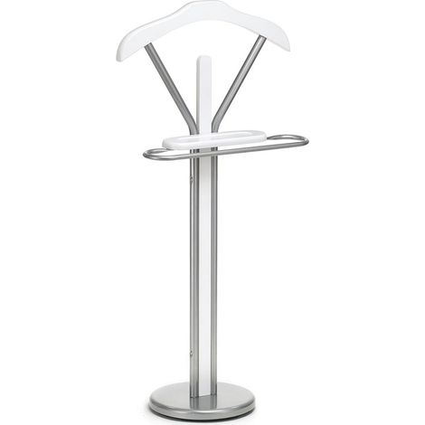 Idimex – Valet de chambre en métal laqué aluminium et MDF blanc mat – Cintre pour veste et chemise – Tablette vide-poche pratique (1/3)