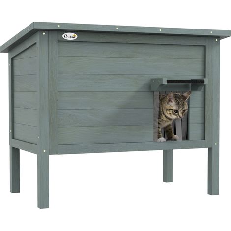 Katzenhaus, erhöhtes, isoliertes Katzengehege aus Holz für den Außenbereich mit aufklappbarem Dach, 85 x 50 x 68,5 cm, dunkelgrau und schwarz
