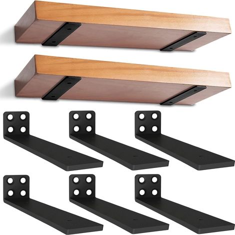 Lot de 6 Supports d'étagère Flottants - 30cm Supports d'étagère Murale en Métal Invisibles, Supports Muraux Cachés, Supports Muraux en Métal Robuste pour étagère de Stockage, Bibliothèque (Noir)