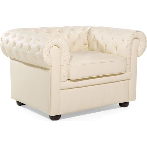 Fauteuil en cuir beige crème CHESTERFIELD (1/5)