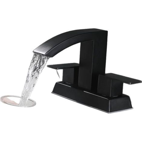 Grifo de baño de doble manija con acabado negro mate, que incluye manguera de suministro de agua y sistema de desagüe con resorte.