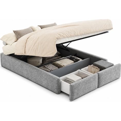Cama con Almacenaje 140 x 200 cm Tapizada con Elevación Hidráulica y 2 Cajones, sin Colchón, Gris (1/5)