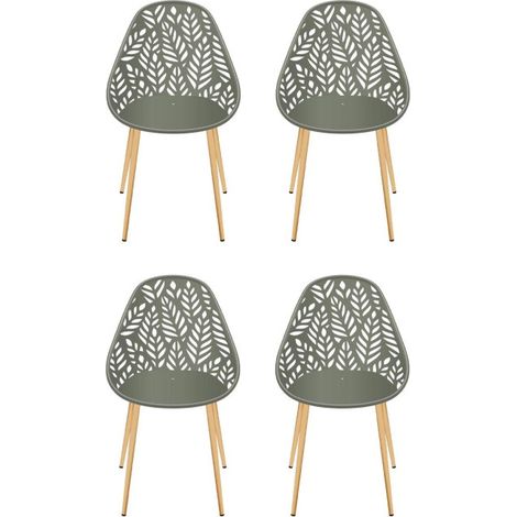 Paris Prix – Lot de 4 chaises de jardin vert olive – Design ajouré – 60% polypropylène & 40% métal – Traitement époxy pour usage extérieur (1/3)
