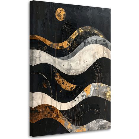 Quadro su tela, Astrazione geometrica in oro e nero in stile glamour con onde, 40x60 (1/5)