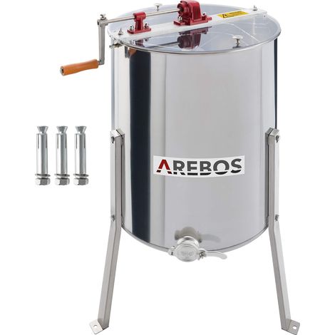 Arebos – Extracteur de miel manuel 4 peignes en acier inoxydable – Grand panier 4 alvéoles – Valve à miel pour extraction facile – Design stable à 3 pieds