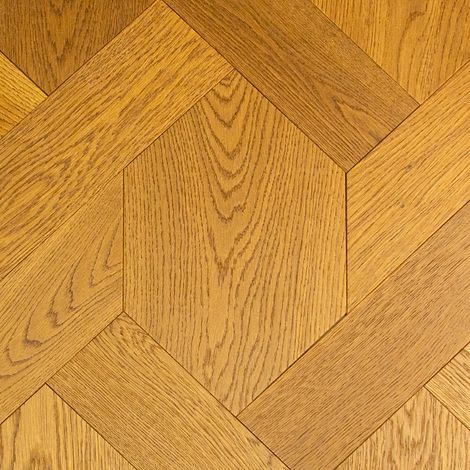 Parquet contrecollé chêne hexagon 112mm – Finition vernie – Teinte fumée – Épaisseur 15mm – Pose collée pour bureau et séjour