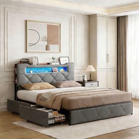 Letto 160x200 cm con spazio di archiviazione, struttura letto per 2 persone con LED e USB, letto per adulti 160x200 con 4 cassetti, velluto grigio. (1/5)