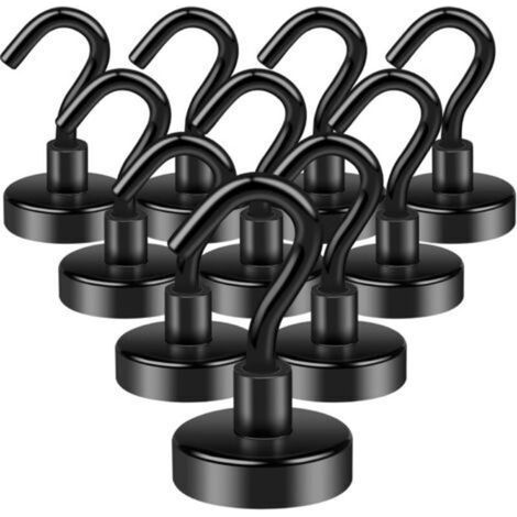 Lot de 10 crochets magnétiques en néodyme 15 kg pour réfrigérateur, cuisine, bureau, école, croisière, crochet de plafond robuste, argent, noir, 20 mm (1/5)
