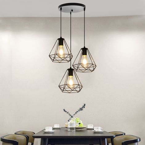 Pendelleuchte, Ø20cm Diamant Form Hängelampe, Kronleuchter mit Metall Käfig für Wohnzimmer Schlafzimmer Esszimmer Küche Schwarz - 3 Flammig mit Runder Lichthalter