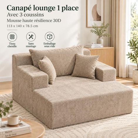 Canapé 1 place - SOGEU - Canapé Compact - Tissu chenille beige - Mousse 30D moelleux - Base antidérapante (1/5)