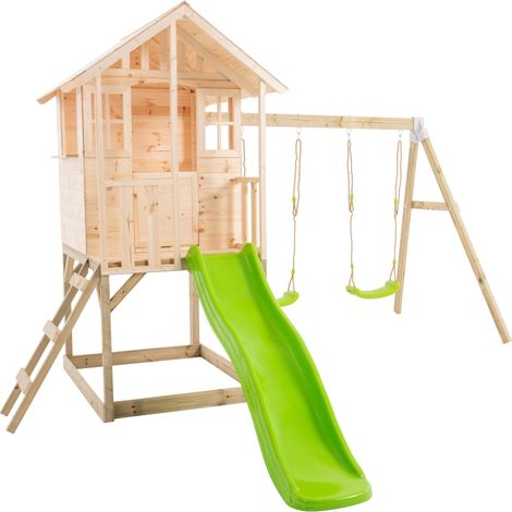 Maisonnette modulable sur pilotis avec balcon, glissière et deux balançoires BASILIC en bois FSC®