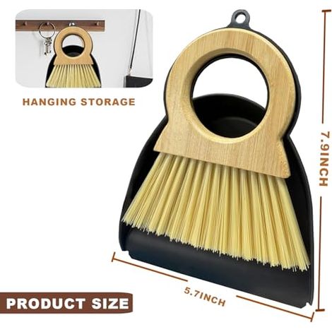 Ensemble mini balai et pelle - Kit de nettoyage compact avec manche en bambou et mini pelle pour plans de travail, tables et bureaux - Combinaison petite pelle et balai pour petits espaces (noir) (1/4)