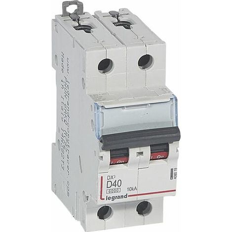 Disjoncteur DX³6000 10kA arrivée haute et départ bas à vis 2P 230V à 400V - 40A - courbe D - 2 modules - LEGRAND