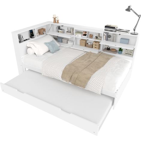 Canapé-lit 90x200 cm avec tête de lit, rangement intégré et lit gigogne, blanc, USB-C, pour petits espaces CHICFURN (1/5)
