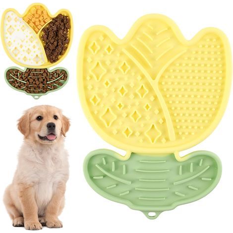 Tapis de Léchage Chien,Tapis de Lechage pour Chiot Chat,pour Soulager l'anxiété de l'animal,Lick mat Chien avec Ventouse pour Bain,Entraînement,Toilettage,Silicone de Qualité Alimentaire(Jaune) (1/5)