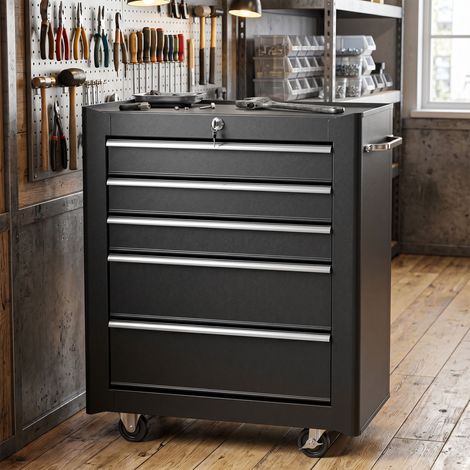 Chariot d'atelier 5 tiroirs - Acier noir 61.5x33x82.5cm - Roulant verrouillable avec tapis EVA (1/5)